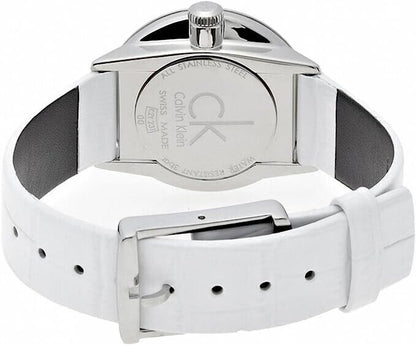 New Swiss Made CALVIN KLEIN Accent Silver Dial White Leather Ladies Watch