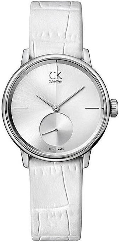 New Swiss Made CALVIN KLEIN Accent Silver Dial White Leather Ladies Watch