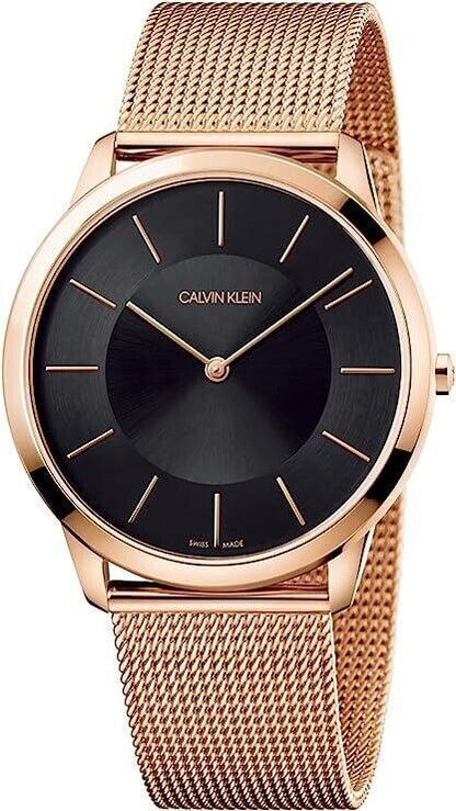 New Swiss Made CALVIN KLEIN Minimal Black Dial Rose Gold-tone Men's Watch