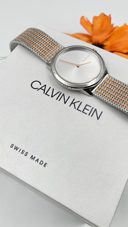 Neue, in der Schweiz hergestellte CALVIN KLEIN Minimal Quartz Unisex-Armbanduhr mit silbernem Zifferblatt