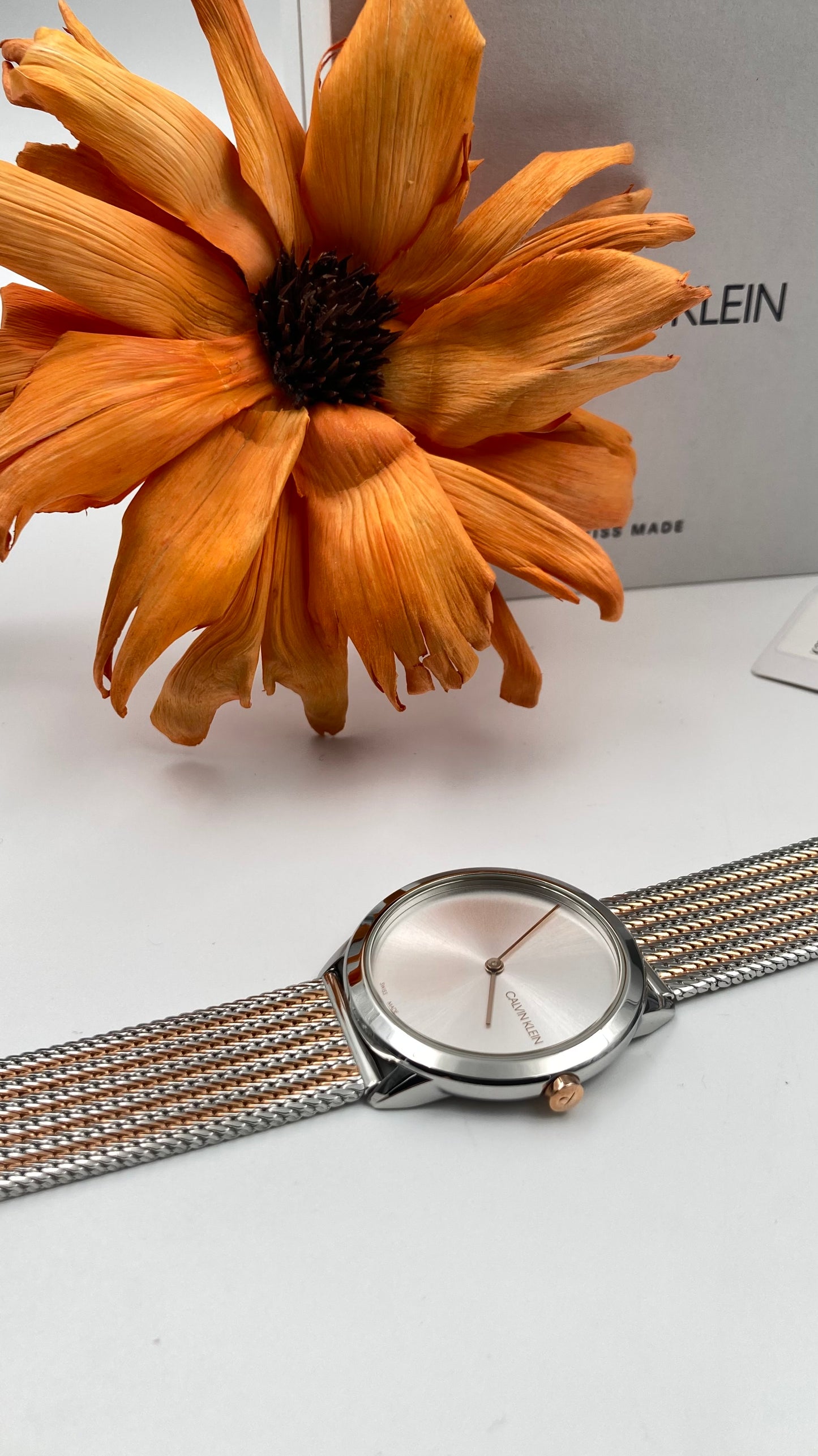 Neue, in der Schweiz hergestellte CALVIN KLEIN Minimal Quartz Unisex-Armbanduhr mit silbernem Zifferblatt