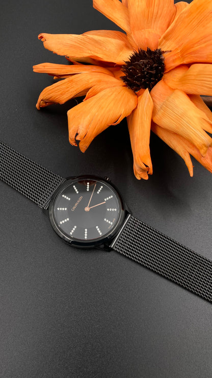 Neue, in der Schweiz hergestellte CALVIN KLEIN-Quarzuhr für Damen mit schwarzem Zifferblatt