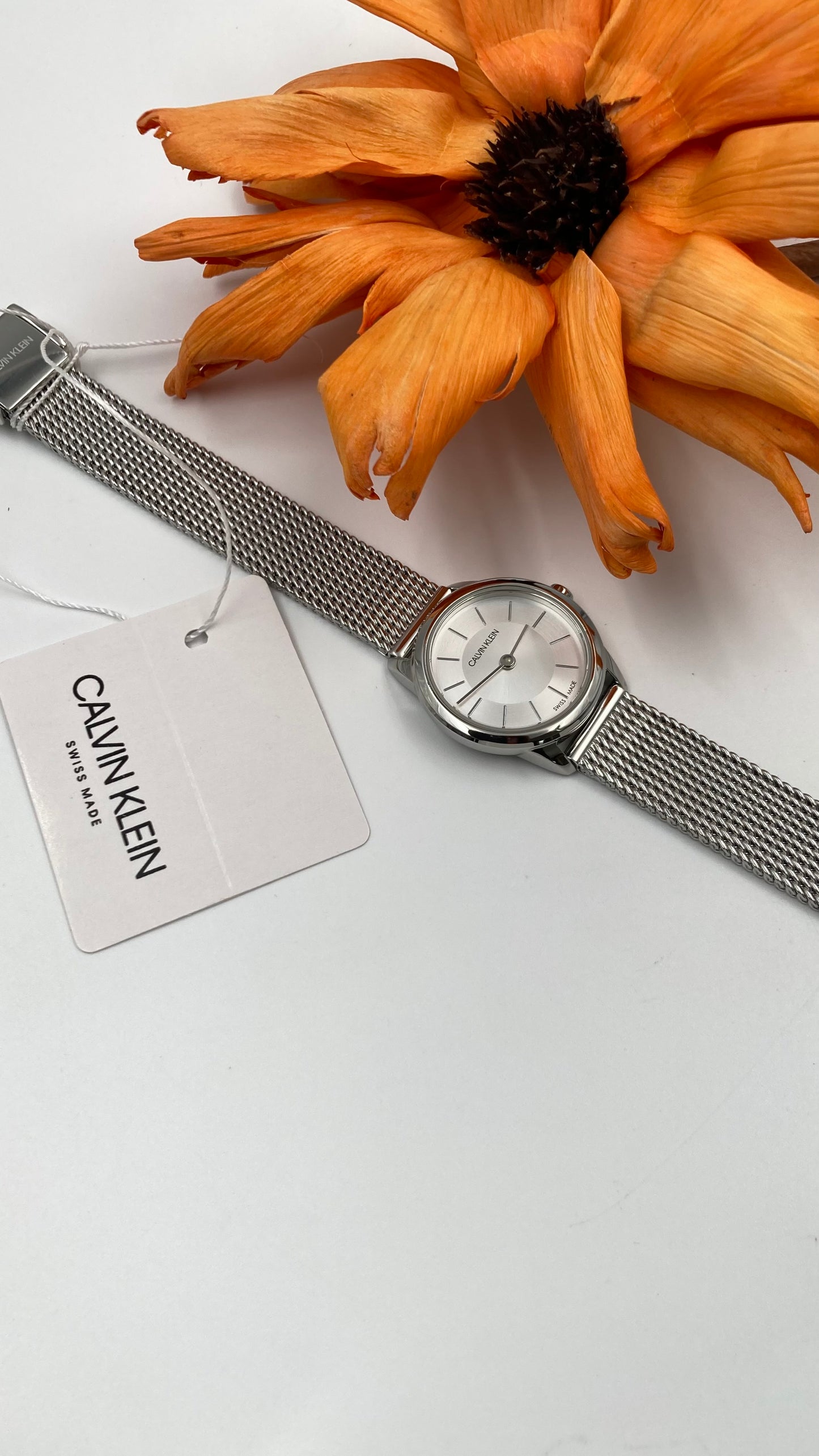 Neue, in der Schweiz hergestellte CALVIN KLEIN Minimal Quartz Damenuhr mit silbernem Zifferblatt