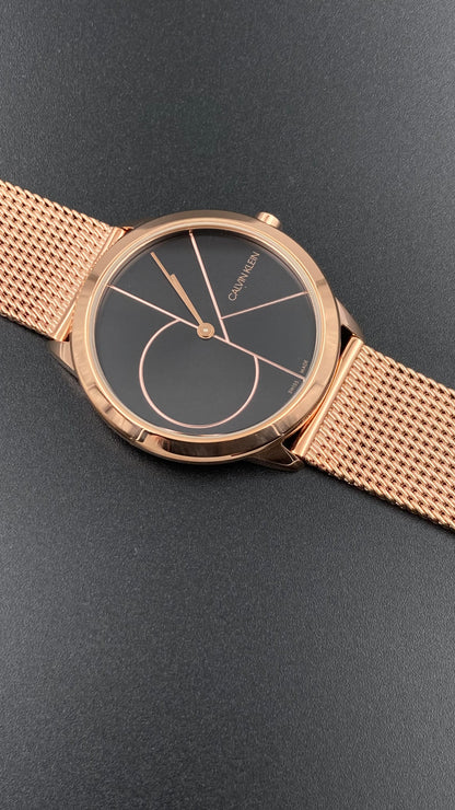 Neue, in der Schweiz hergestellte CALVIN KLEIN Minimal Quartz Damenuhr mit schwarzem Zifferblatt