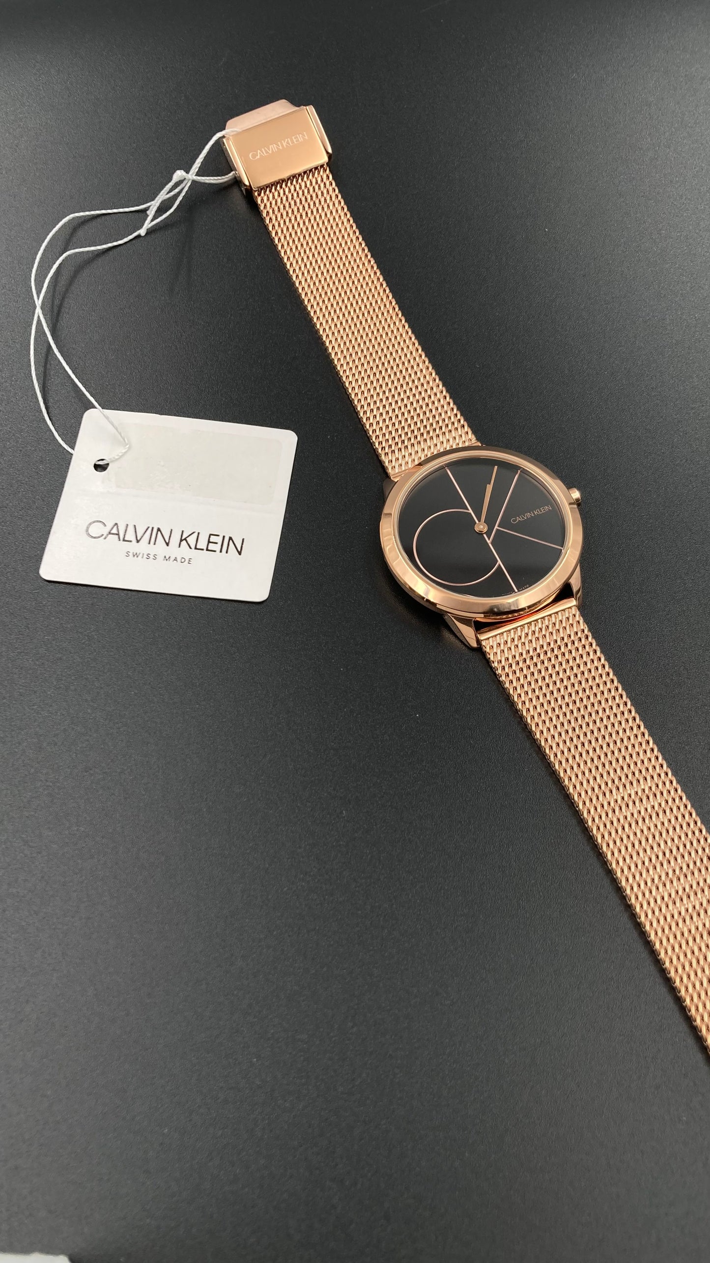 Neue, in der Schweiz hergestellte CALVIN KLEIN Minimal Quartz Damenuhr mit schwarzem Zifferblatt