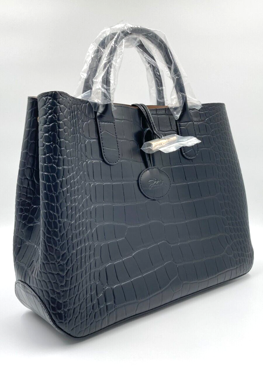 LONGCHAMP ROSEAU CROCO TOP HANDLE BAG - BLACK