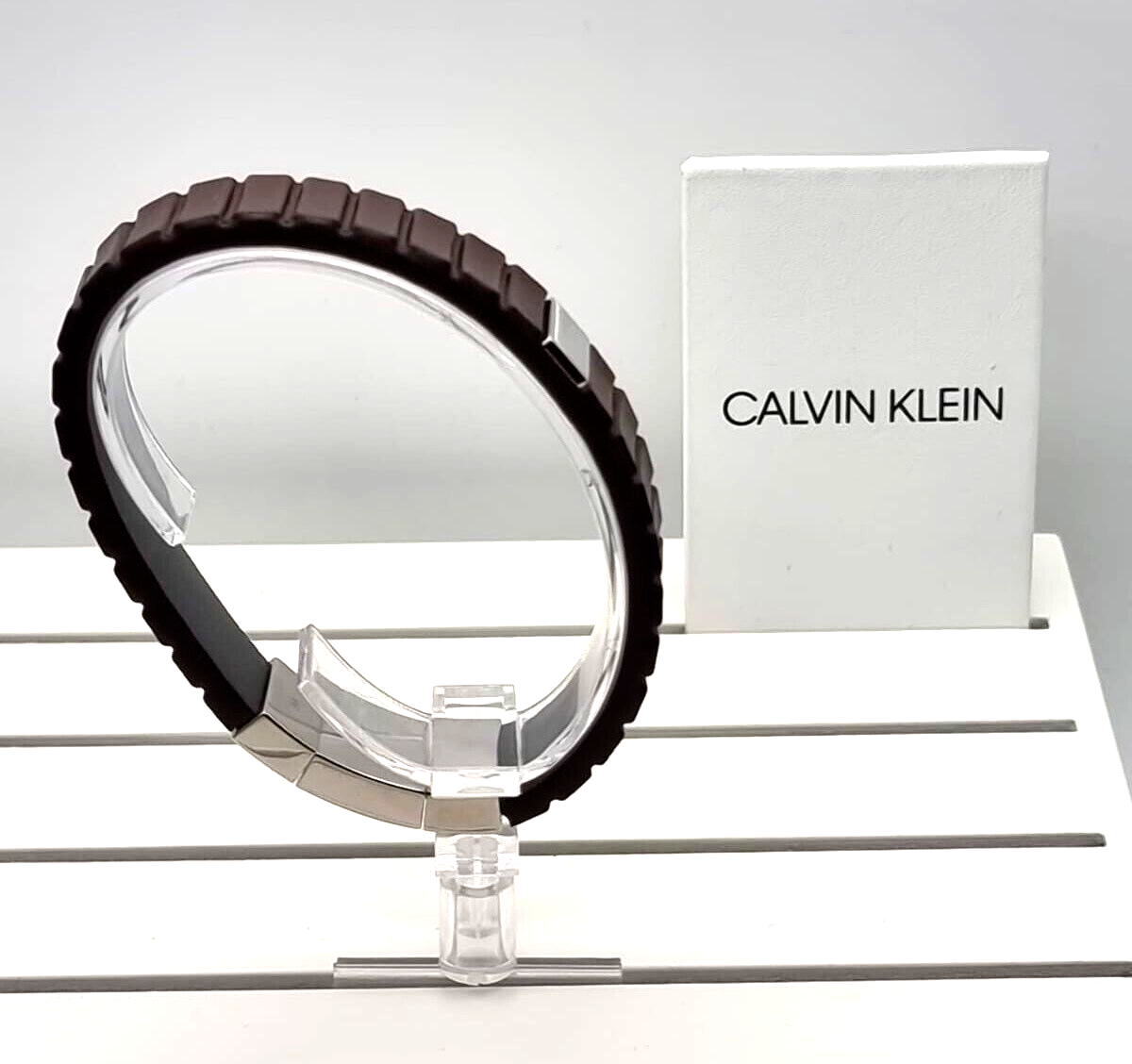 New CALVIN KLEIN KJ5SCB090100 STAINLESS STEEL BROWN LEATHER PLATE BRACELET