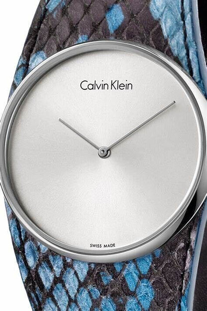 New Swiss Made CALVIN KLEIN Spellbound Silver Dial Blue Leather Ladies Watch