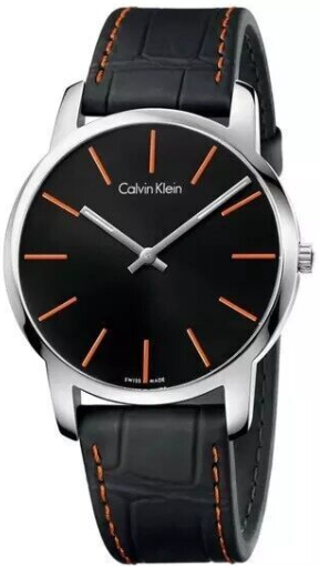 Neue, in der Schweiz hergestellte CALVIN KLEIN City-Herrenuhr aus schwarzem Leder