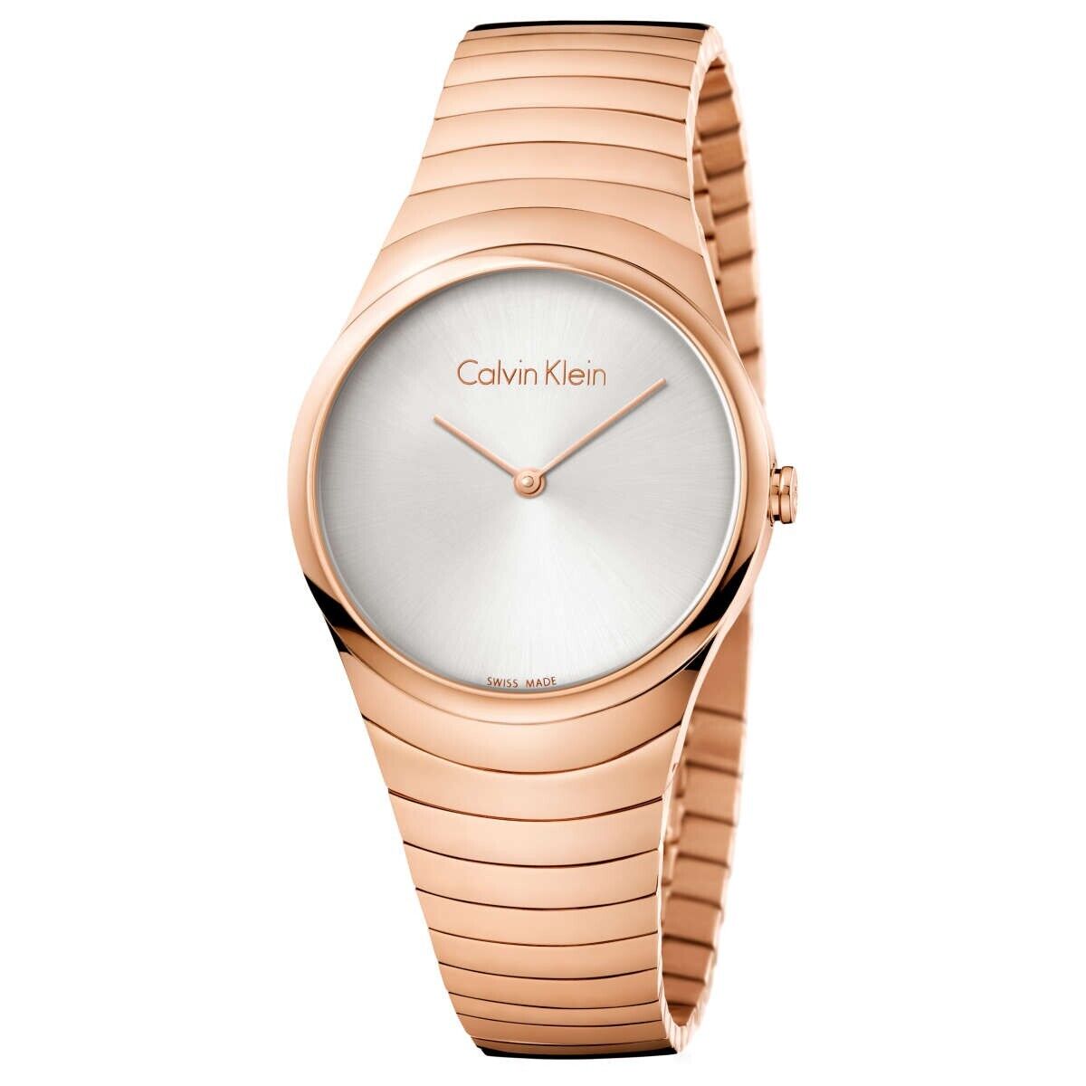 New Swiss Made CALVIN KLEIN Whirl Silver Dial Rose Gold PVD Ladies Quartz Watch