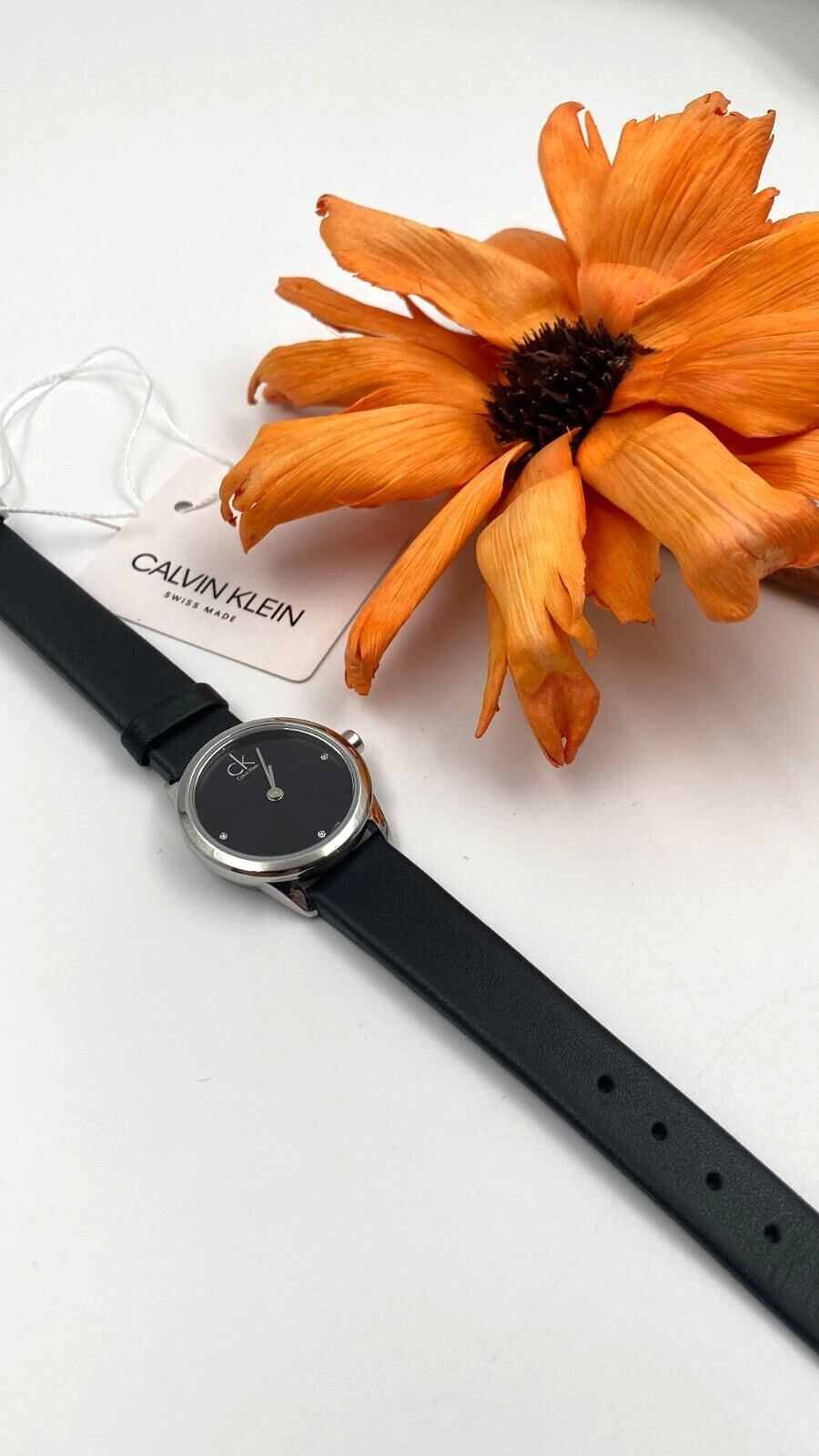 New Swiss Made CALVIN KLEIN Minimal Black Dial Black Leather Ladies Watch