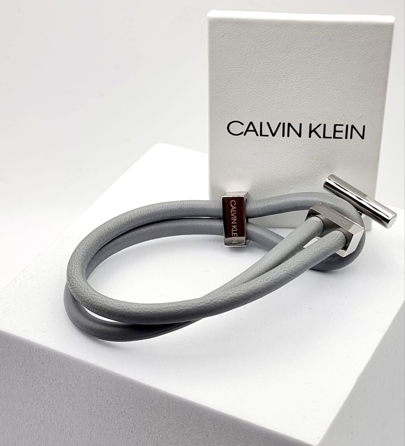 New CALVIN KLEIN ANCHOR KJ8WAB09010M STAINLESS STEEL GREY LEATHER BRACELET - M