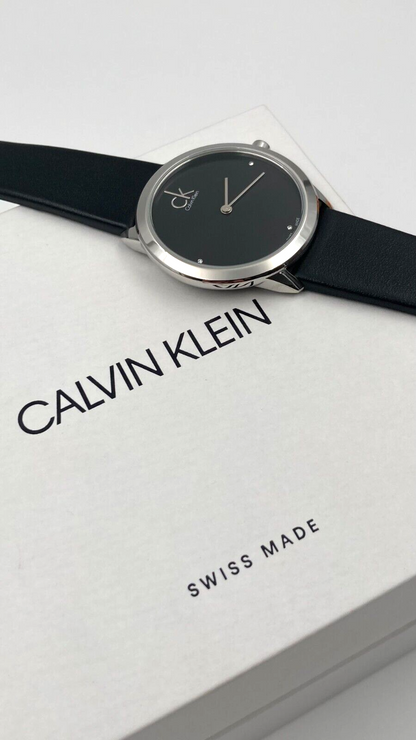 New Swiss Made CALVIN KLEIN Minimal Black Dial Black Leather Ladies Watch