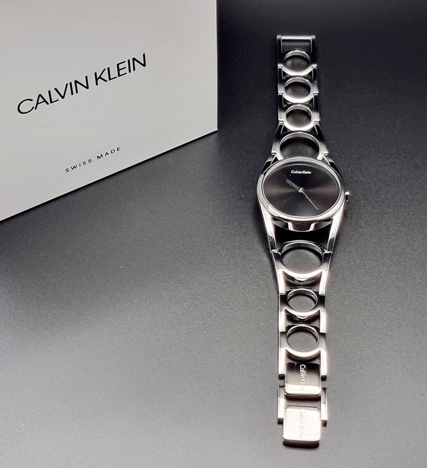 New Swiss Made CALVIN KLEIN Round Black Dial Small Stainless Steel Ladies Watch