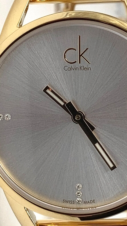 New Swiss Made CALVIN KLEIN Quartz Silver Dial Yellow Gold-tone Ladies Watch