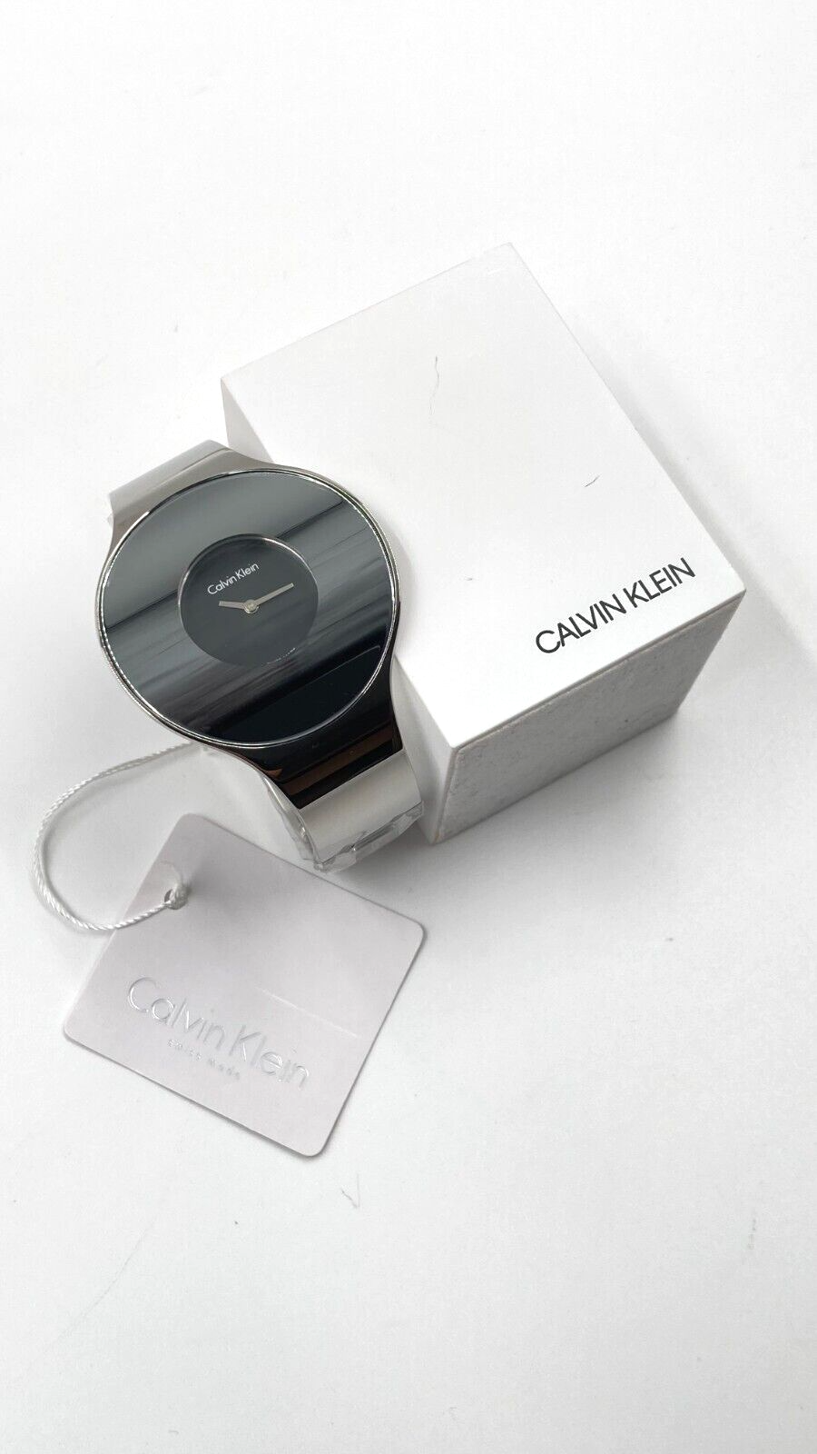 New Swiss Made CALVIN KLEIN Seamless Black Dial Small Bangle Ladies Quartz Watch