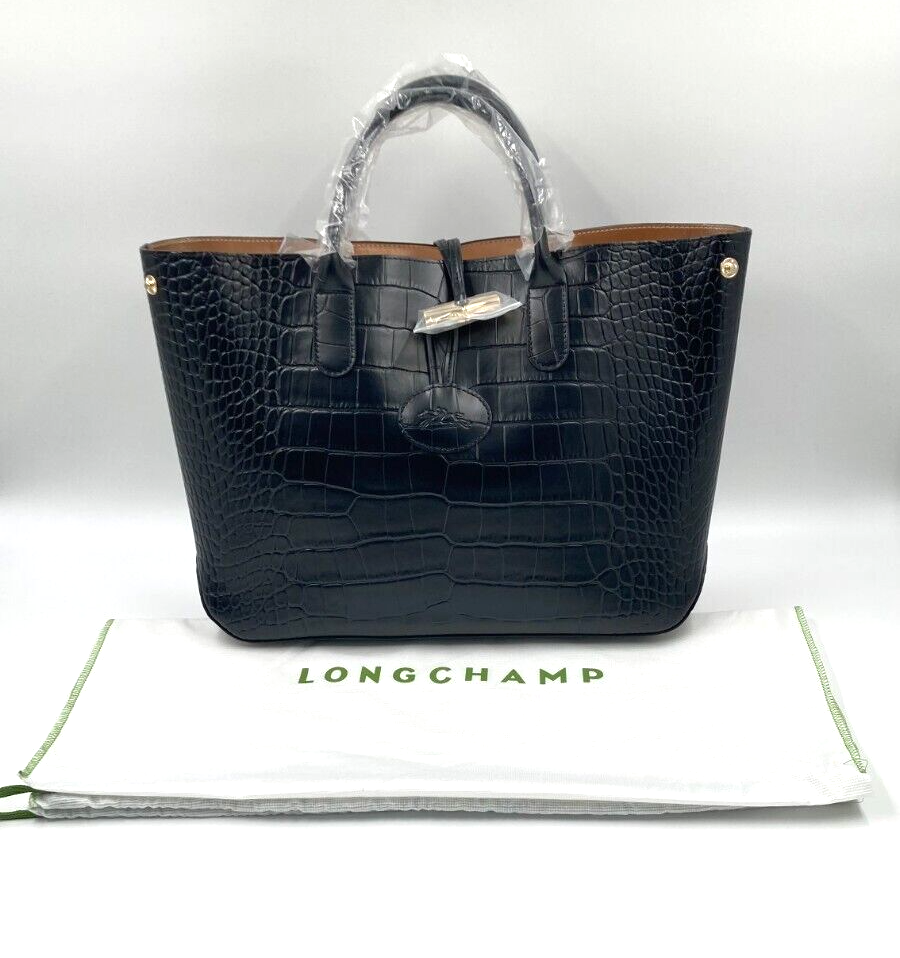 LONGCHAMP ROSEAU CROCO TOP HANDLE BAG - BLACK