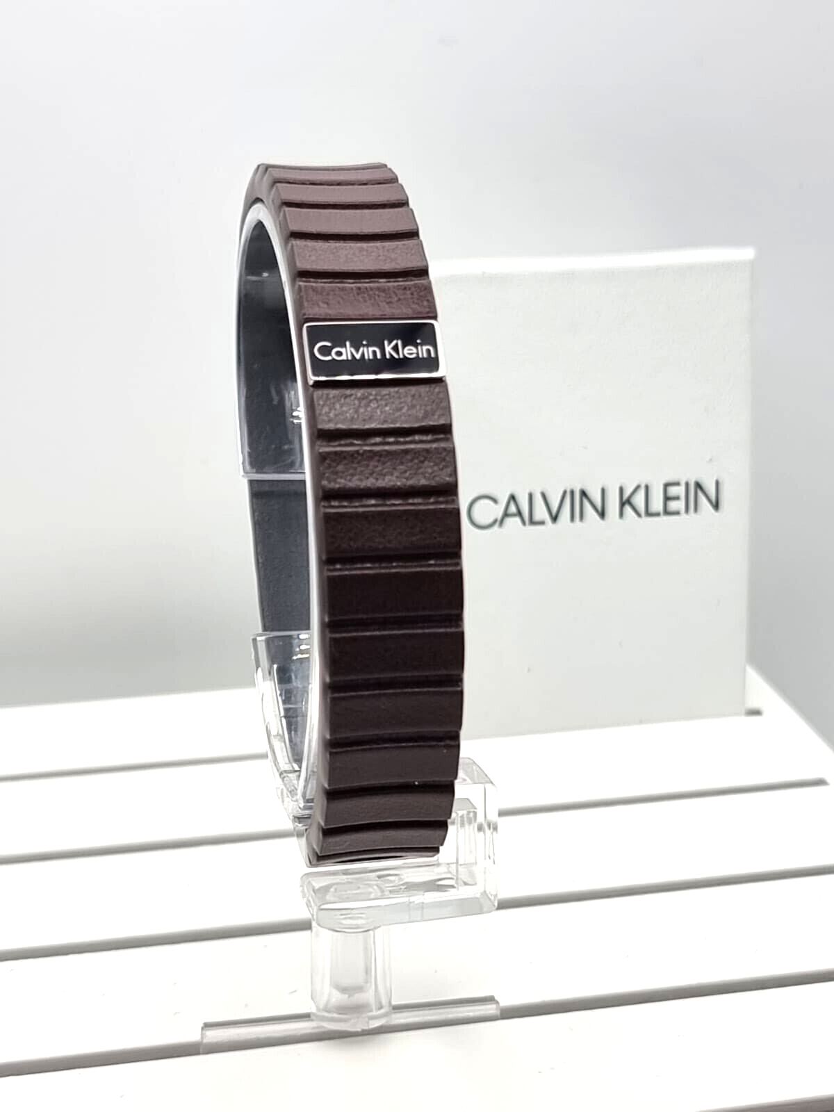 New CALVIN KLEIN KJ5SCB090100 STAINLESS STEEL BROWN LEATHER PLATE BRACELET