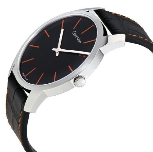 Neue, in der Schweiz hergestellte CALVIN KLEIN City-Herrenuhr aus schwarzem Leder