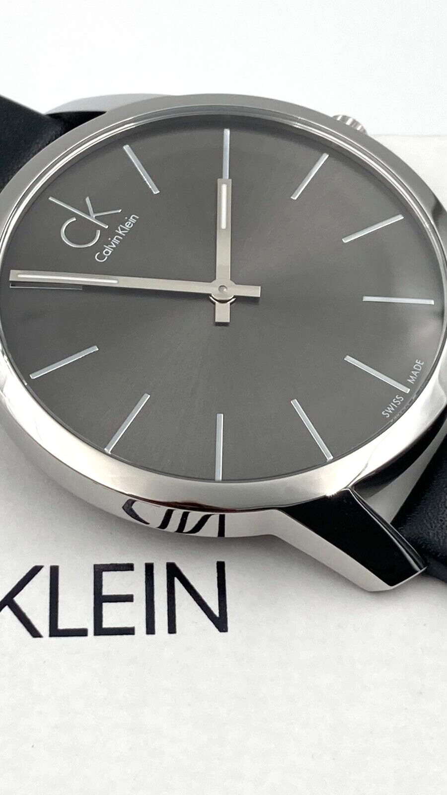 New Swiss Made CALVIN KLEIN City Grey Dial Leather Strap Men's Quartz Watch