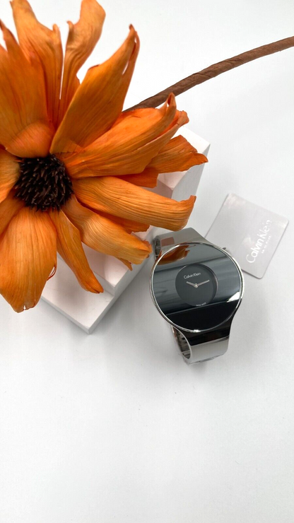 New Swiss Made CALVIN KLEIN Seamless Black Dial Small Bangle Ladies Quartz Watch