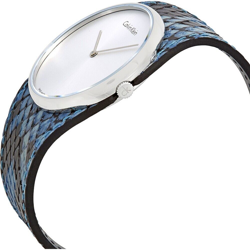 New Swiss Made CALVIN KLEIN Spellbound Silver Dial Blue Leather Ladies Watch