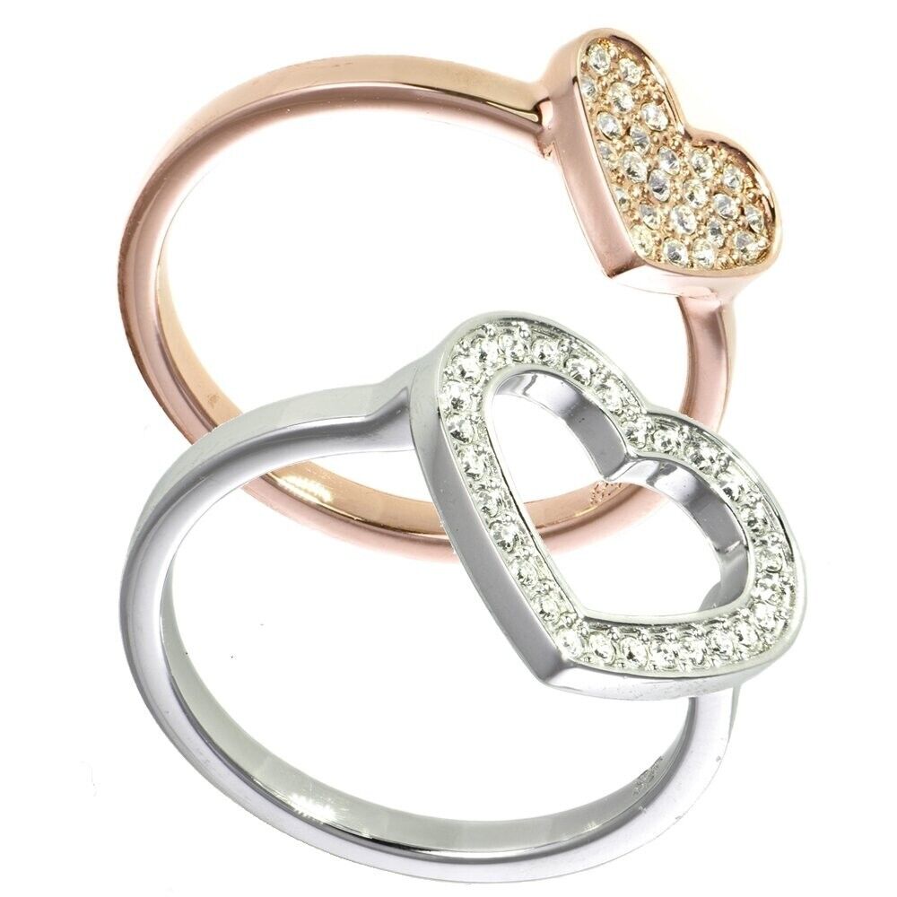 New SWAROVSKI CUPID HEART STACKING RINGS - ROSE GOLD AND SILVER - SIZE 58