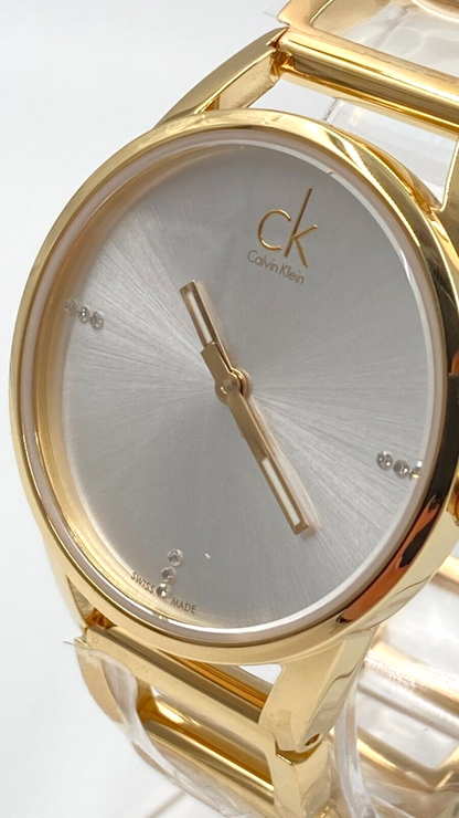 New Swiss Made CALVIN KLEIN Quartz Silver Dial Yellow Gold-tone Ladies Watch