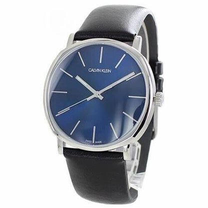 New Swiss Made CALVIN KLEIN Posh Quartz Blue Dial Black Leather Mens Watch