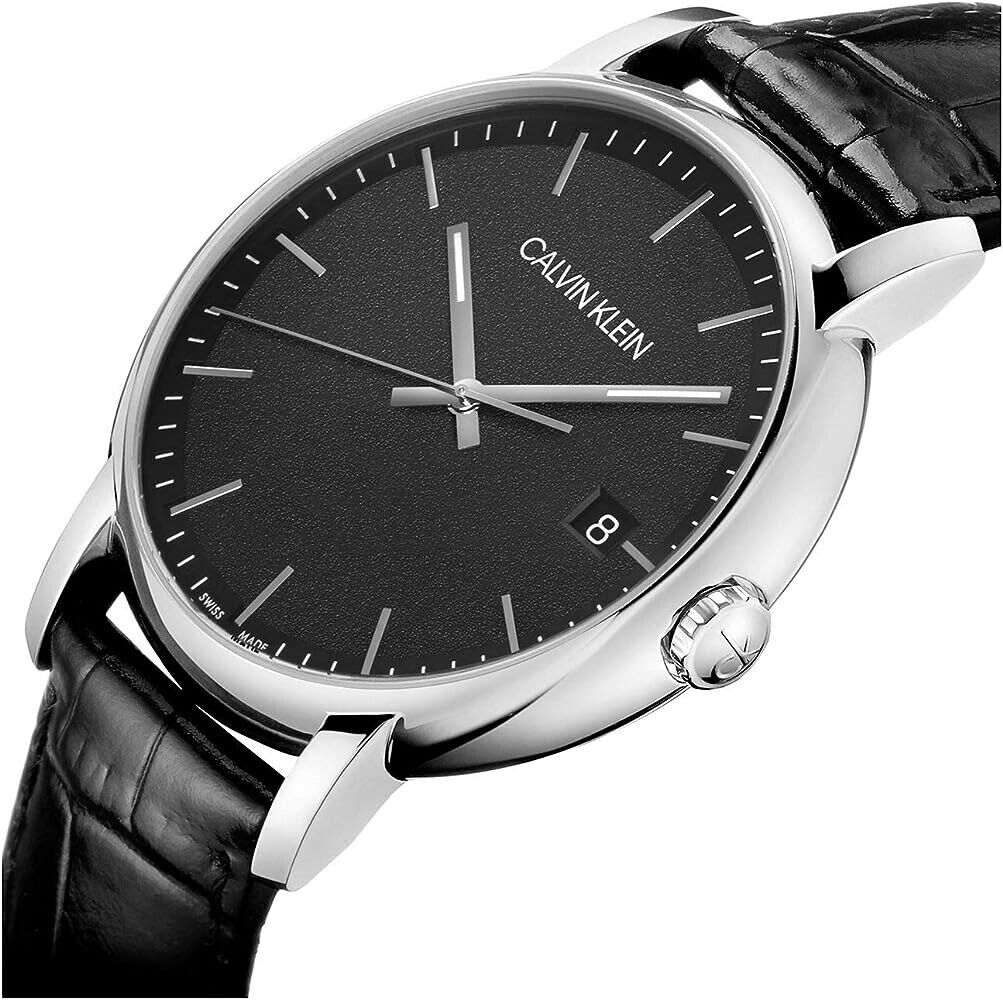 New Swiss Made CALVIN KLEIN Quartz Black Dial Black Leather Men's Watch