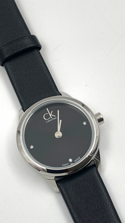 New Swiss Made CALVIN KLEIN Minimal Black Dial Black Leather Ladies Watch