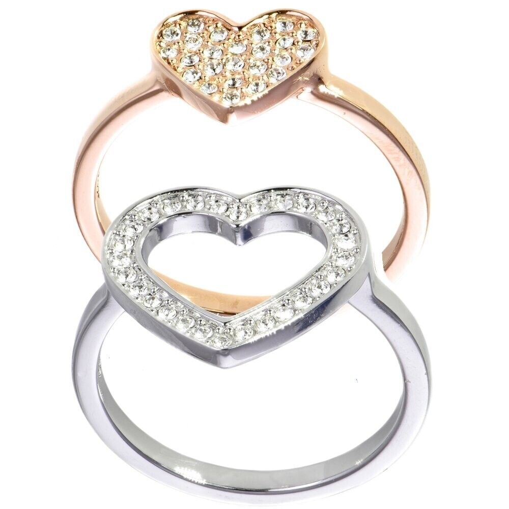 New SWAROVSKI CUPID HEART STACKING RINGS - ROSE GOLD AND SILVER - SIZE 58