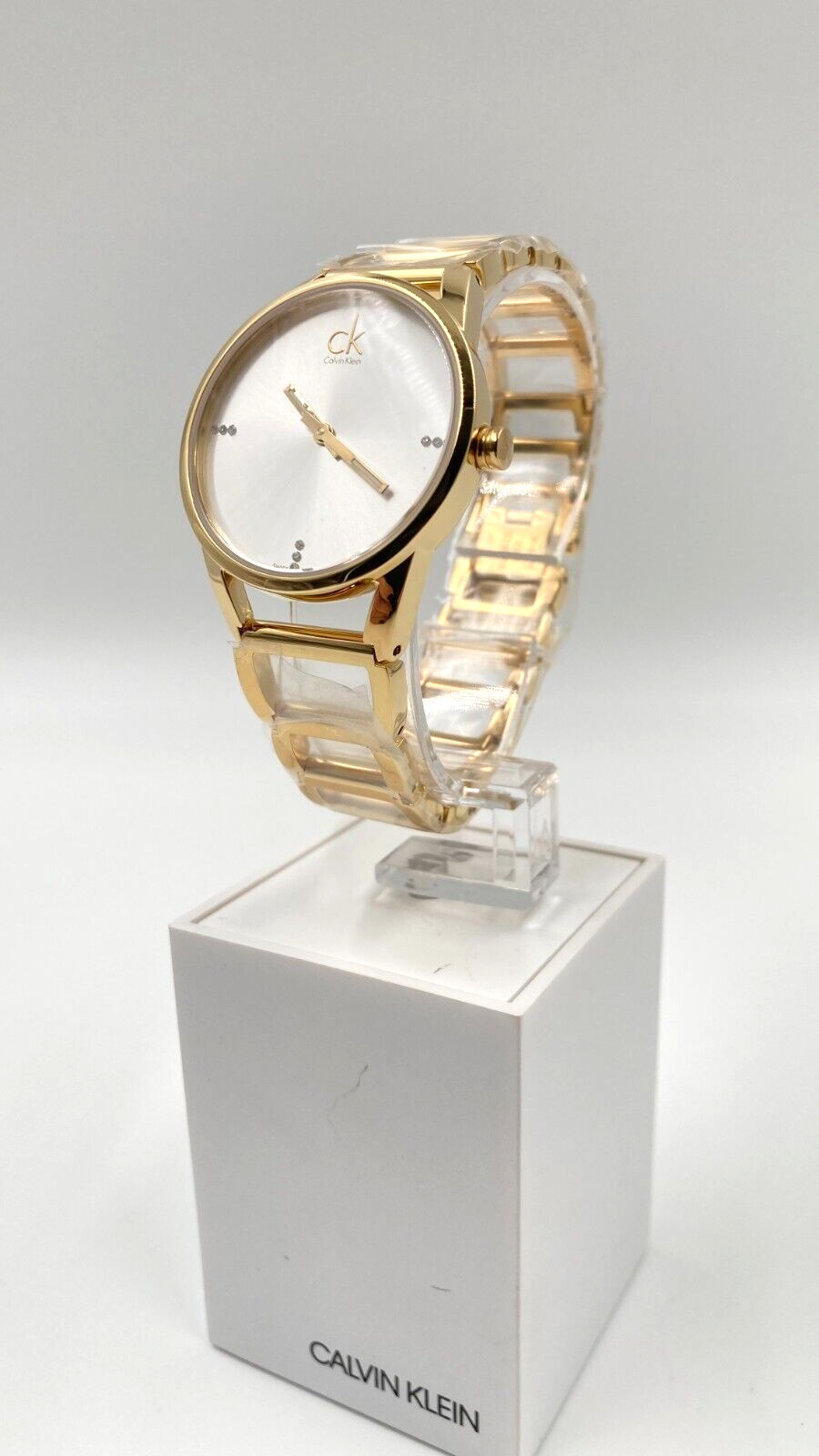 New Swiss Made CALVIN KLEIN Quartz Silver Dial Yellow Gold-tone Ladies Watch