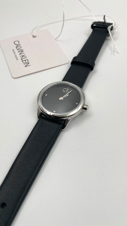 New Swiss Made CALVIN KLEIN Minimal Black Dial Black Leather Ladies Watch