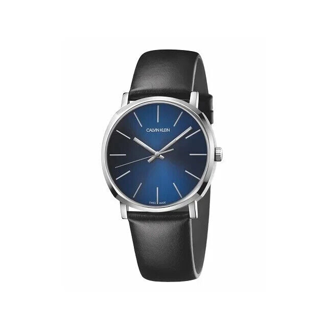 New Swiss Made CALVIN KLEIN Posh Quartz Blue Dial Black Leather Mens Watch