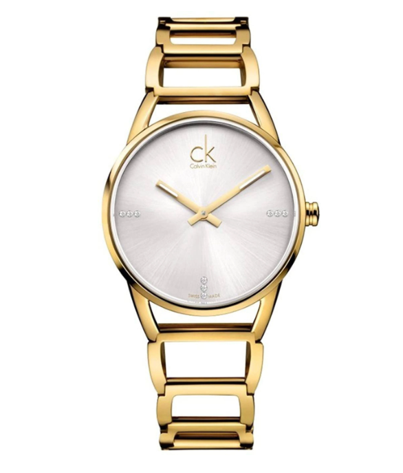 New Swiss Made CALVIN KLEIN Quartz Silver Dial Yellow Gold-tone Ladies Watch