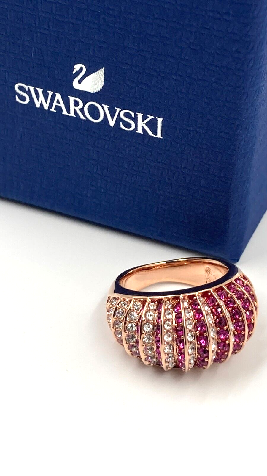 New SWAROVSKI LUXURY DOMED RING - PINK CRYSTALS - ROSE GOLD - SIZE 50