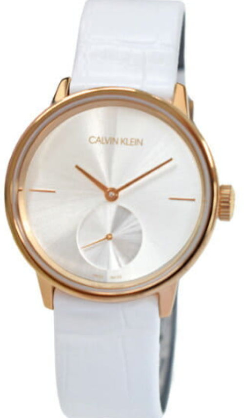 New Swiss Made CALVIN KLEIN Accent Silver Dial White Leather Ladies Watch