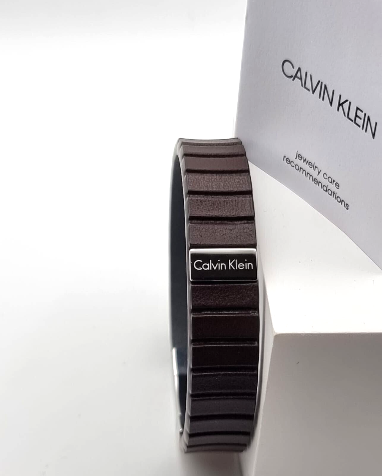 New CALVIN KLEIN KJ5SCB090100 STAINLESS STEEL BROWN LEATHER PLATE BRACELET