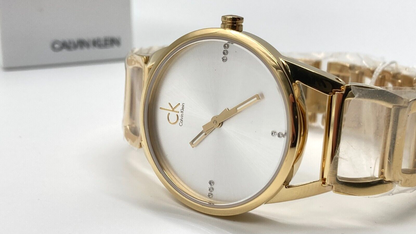 New Swiss Made CALVIN KLEIN Quartz Silver Dial Yellow Gold-tone Ladies Watch