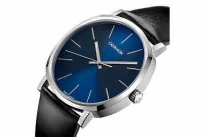 New Swiss Made CALVIN KLEIN Posh Quartz Blue Dial Black Leather Mens Watch