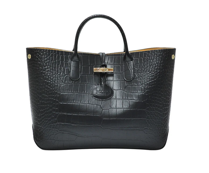 LONGCHAMP ROSEAU CROCO TOP HANDLE BAG - BLACK