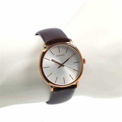 New Swiss Made CALVIN KLEIN Posh Quartz Silver Dial Brown Leather Men's Watch