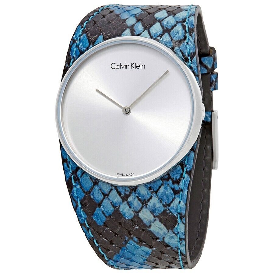 New Swiss Made CALVIN KLEIN Spellbound Silver Dial Blue Leather Ladies Watch