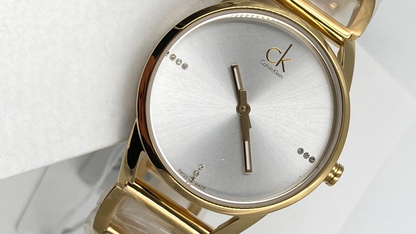 New Swiss Made CALVIN KLEIN Quartz Silver Dial Yellow Gold-tone Ladies Watch