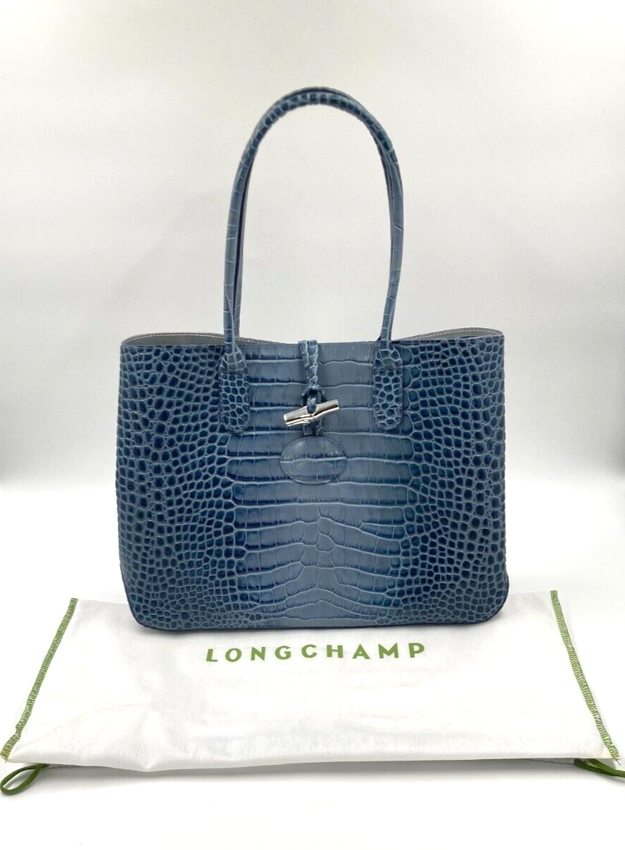 LONGCHAMP ROSEAU CROCO SHOULDER BAG - PILOT BLUE