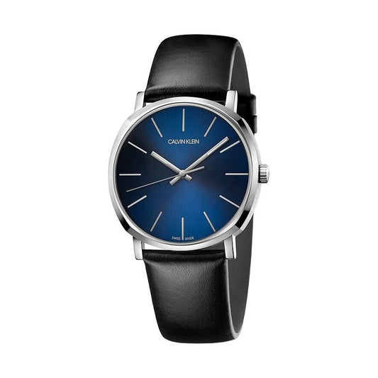 New Swiss Made CALVIN KLEIN Posh Quartz Blue Dial Black Leather Mens Watch