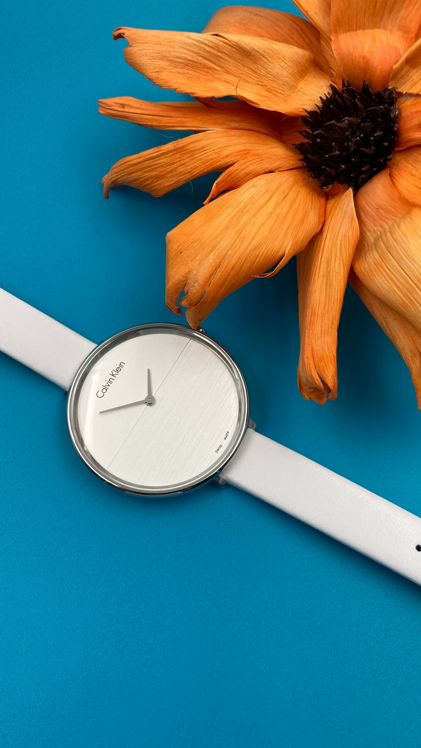 Neue, in der Schweiz hergestellte CALVIN KLEIN Rise Damenuhr mit weißem Zifferblatt und weißem Leder