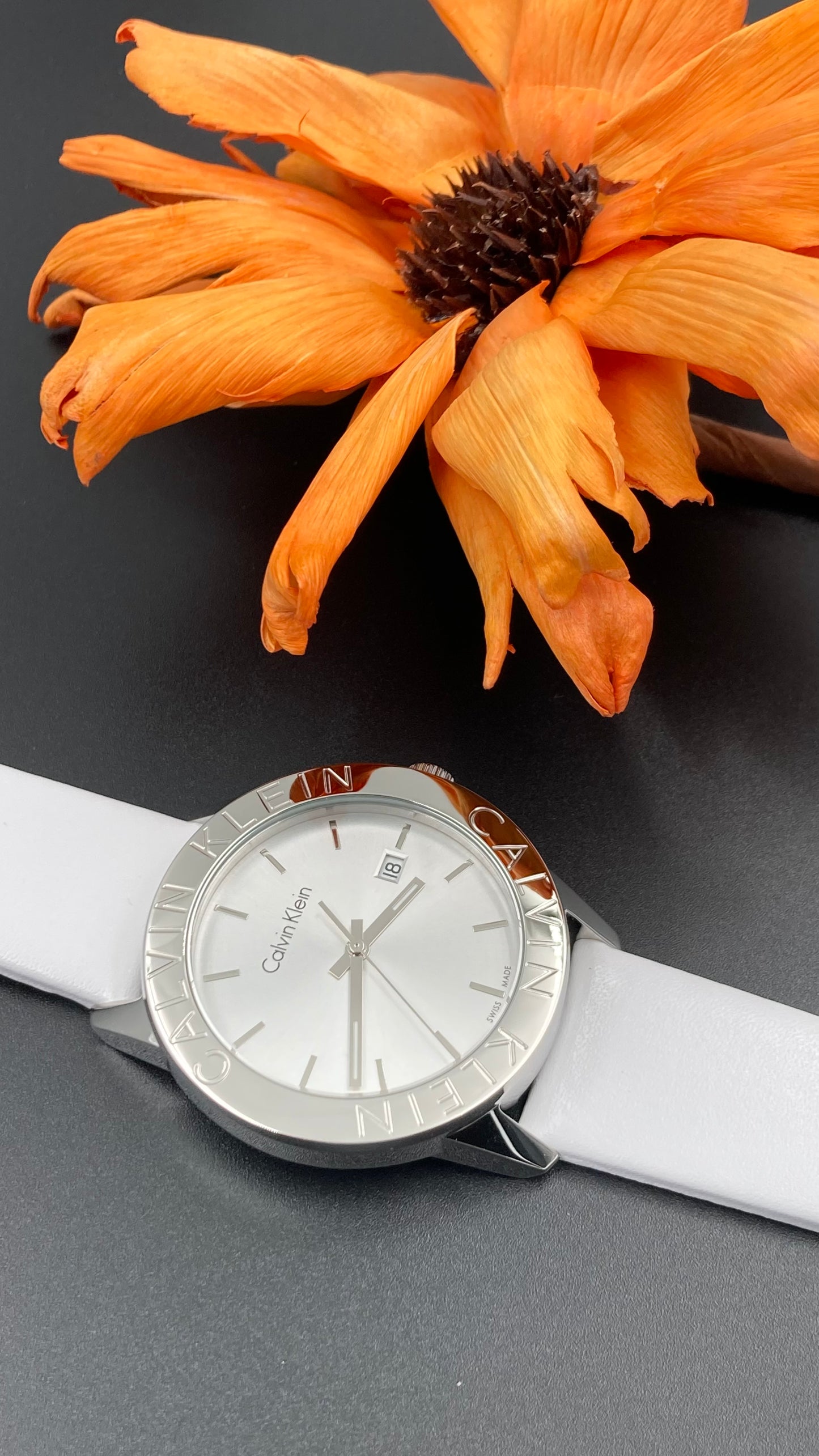 Neue, in der Schweiz hergestellte CALVIN KLEIN Damenuhr mit silbernem Zifferblatt