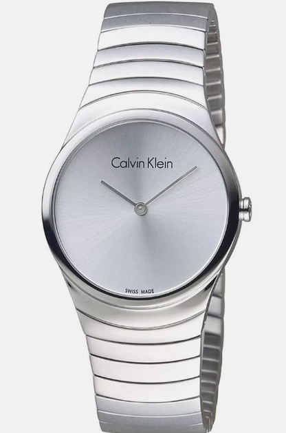 Neue, in der Schweiz hergestellte CALVIN KLEIN Whirl Damenuhr aus Edelstahl mit silbernem Zifferblatt